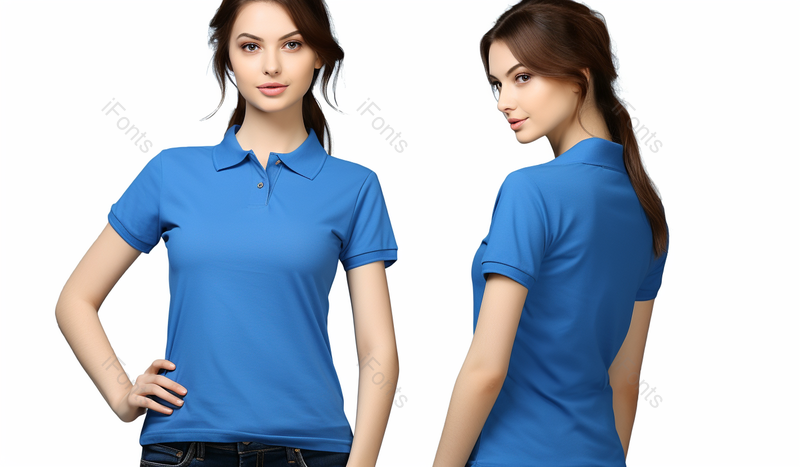 设置促销姿势女孩在空白蓝色polo衫样机设计打印和概念模板年轻女子在T恤正面和侧面后视图隔离白色背,高清,摄影图,摄影图片,图片大全,摄影图免费下载